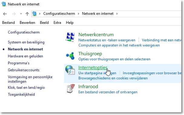 Internetopties via het configuratiescherm